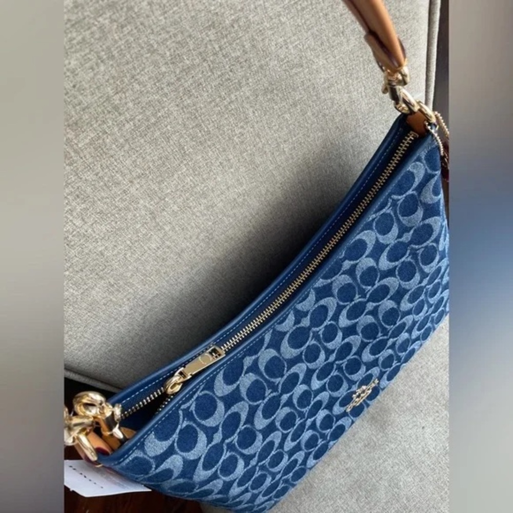 Coach Blue Signature Jacquard Shoulder Bag with Tan Leather Strap - Picture 2 of 8